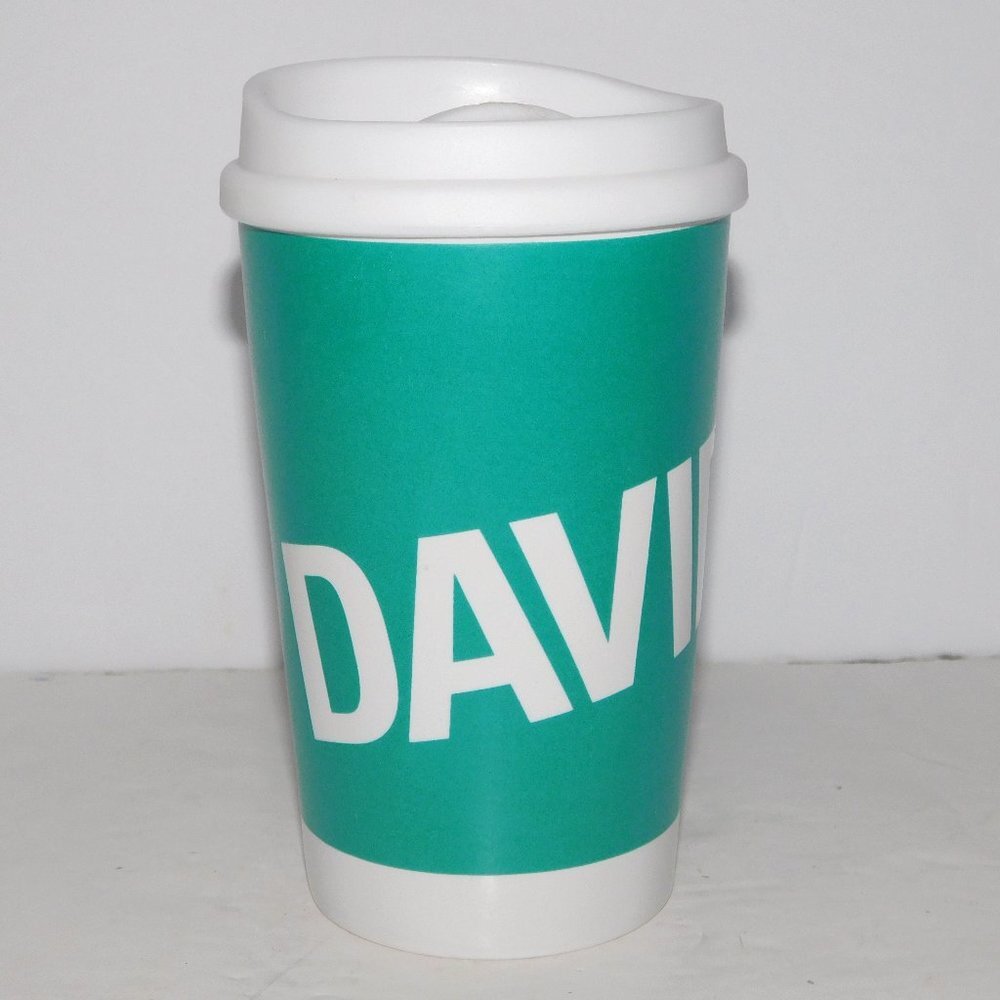 Davids Tea Classic Travel Tumbler with Plastic Lid Teal Blue White Ceramic